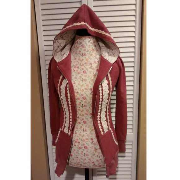 Modcloth Tops - Modcloth Ruby Rose Lace Zip-Up Hoodie in Rose Red/Pink, Size S, Pre-Owned
